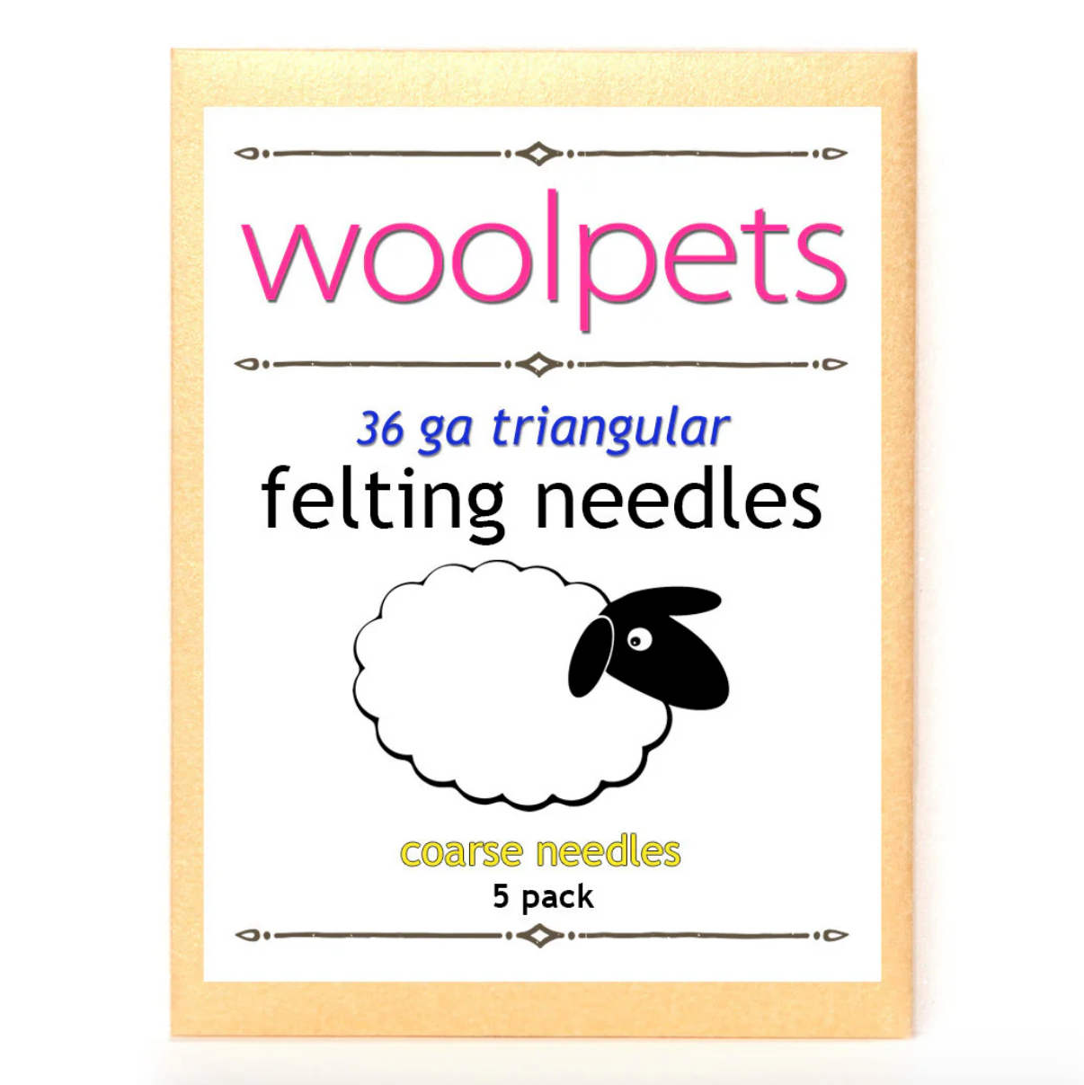Packaging of woolpets felting needles with a sheep illustration on a white background. 