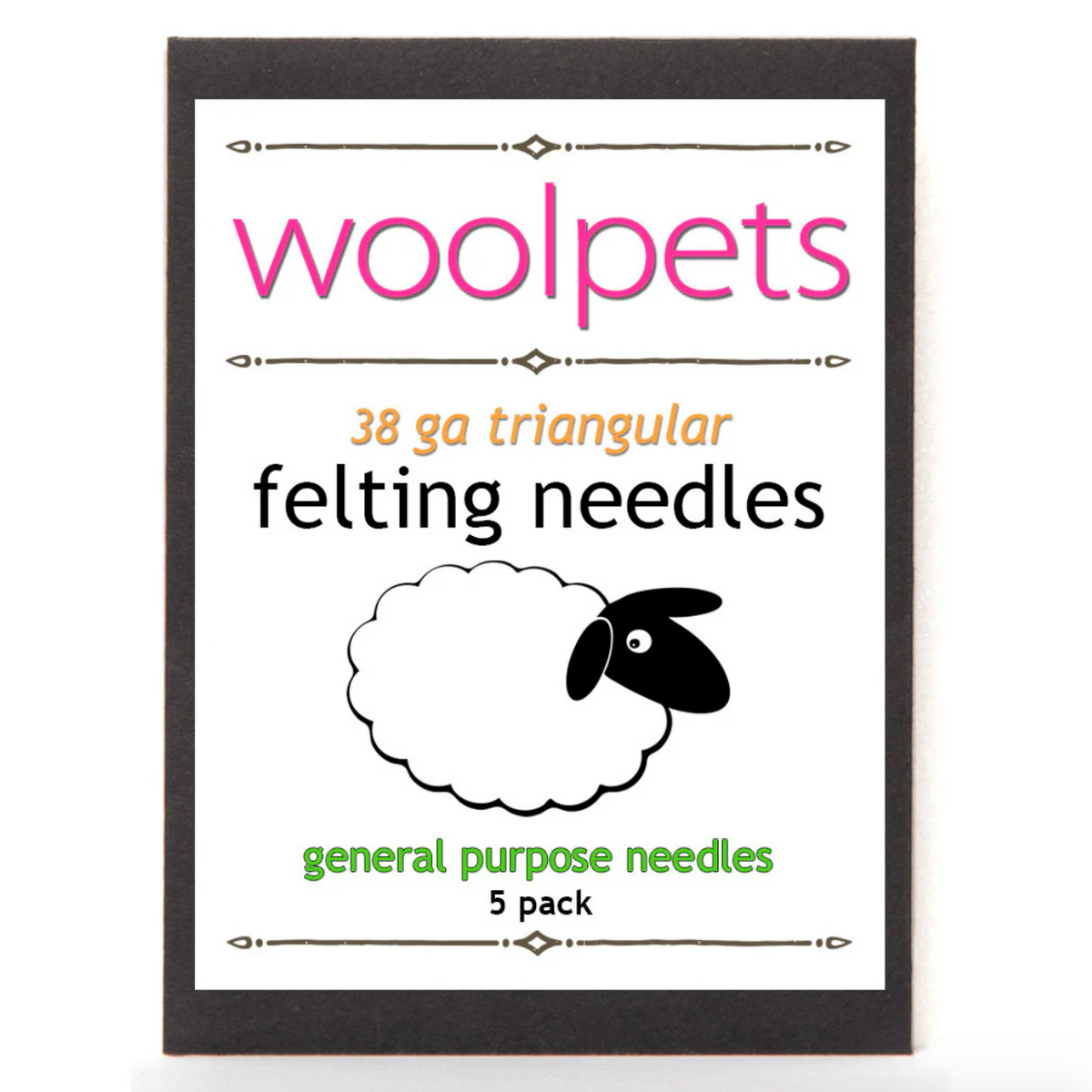 Packaging for woolpets felting needles with a sheep illustration on a white background. 