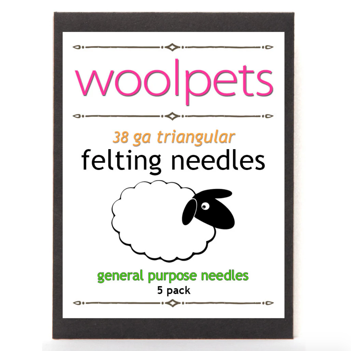 Packaging for woolpets felting needles with a sheep illustration on a white background. 