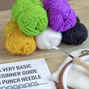 Colorful yarn balls and a punch needle on a wooden surface with a beginner guide.