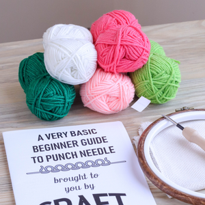 Colorful yarn balls with a book titled 'A Very Basic Beginner Guide to Punch Needle' on a wooden surface.