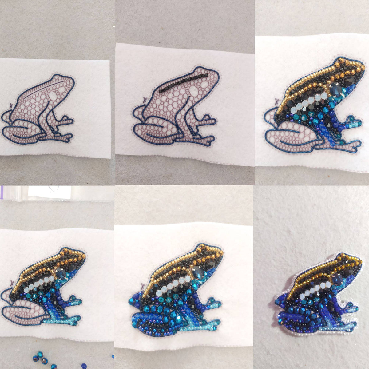 Sequence of images showing the process of embellishing a frog design with beads.