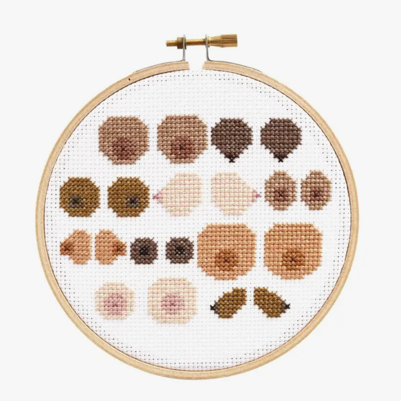 Cross-stitched pattern that includes several different colors and shapes of boobs in an embroidery hoop on a white background. 