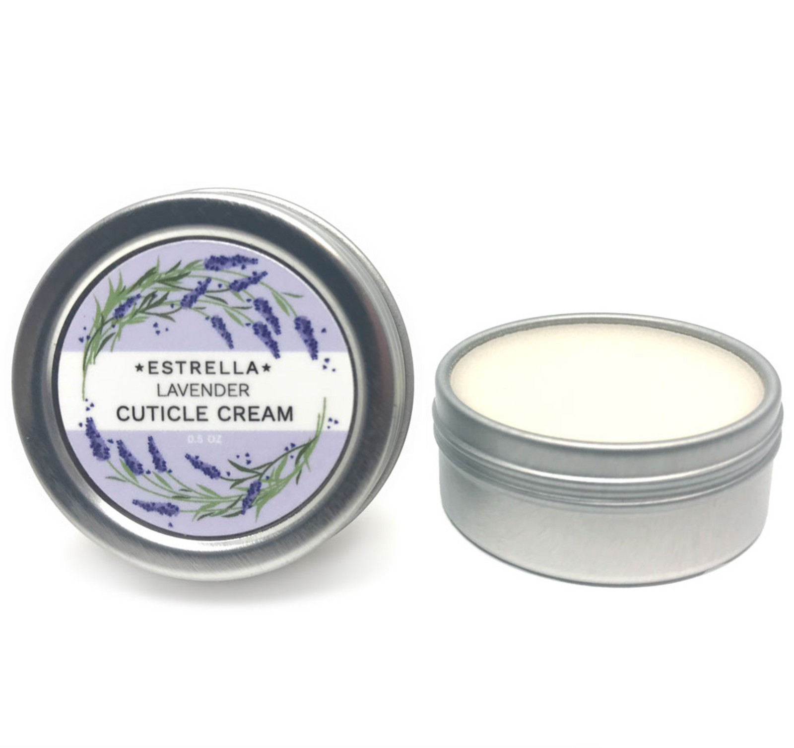 A small open tin container of Estrella lavender cuticle cream with a label showing the product name and lavender illustrations. A lid of the container is placed beside it.