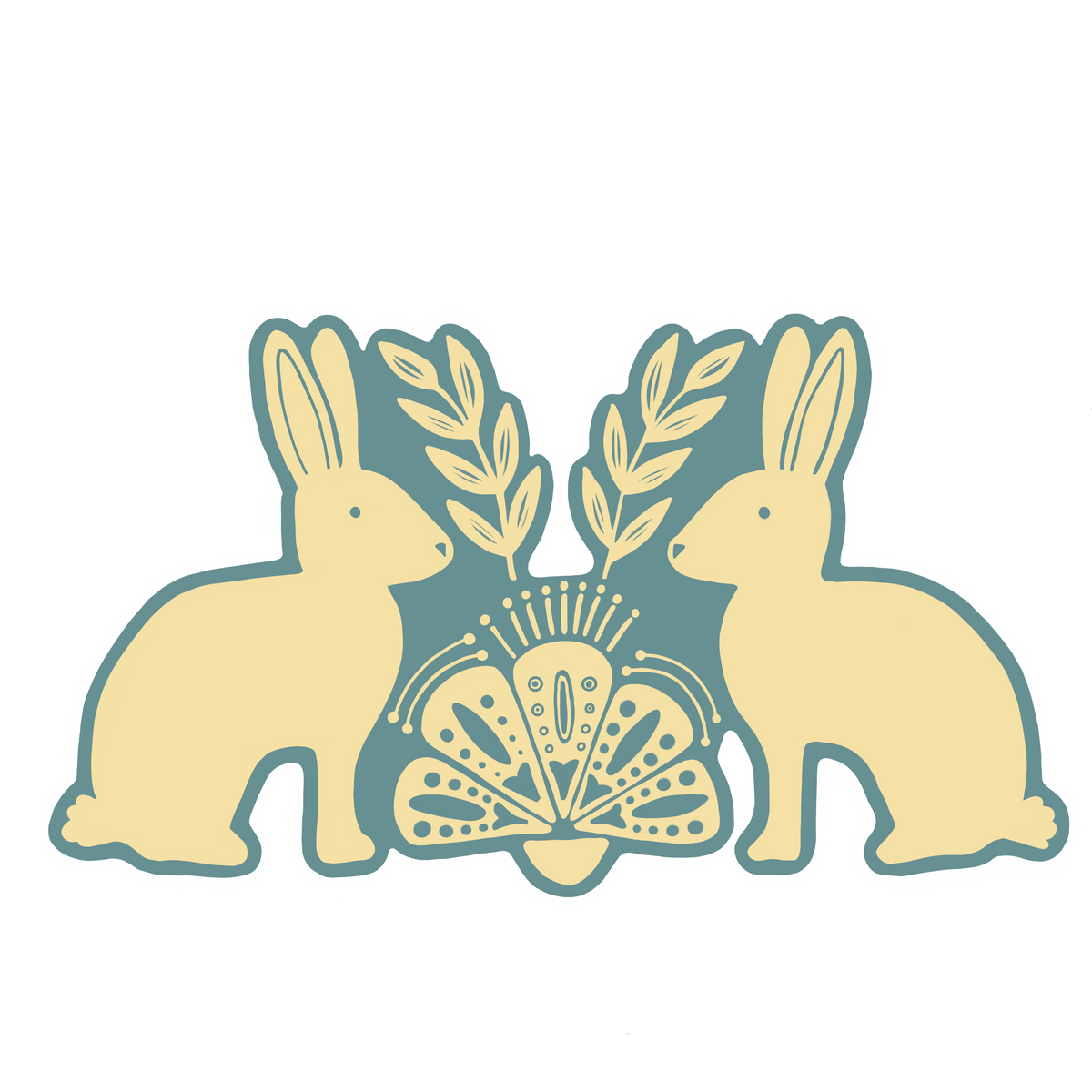 A folk art style sticker with two rabbits looking at each other. There is foliage and a folk are design between them. The rabbits are cream colored and the background is blue. 