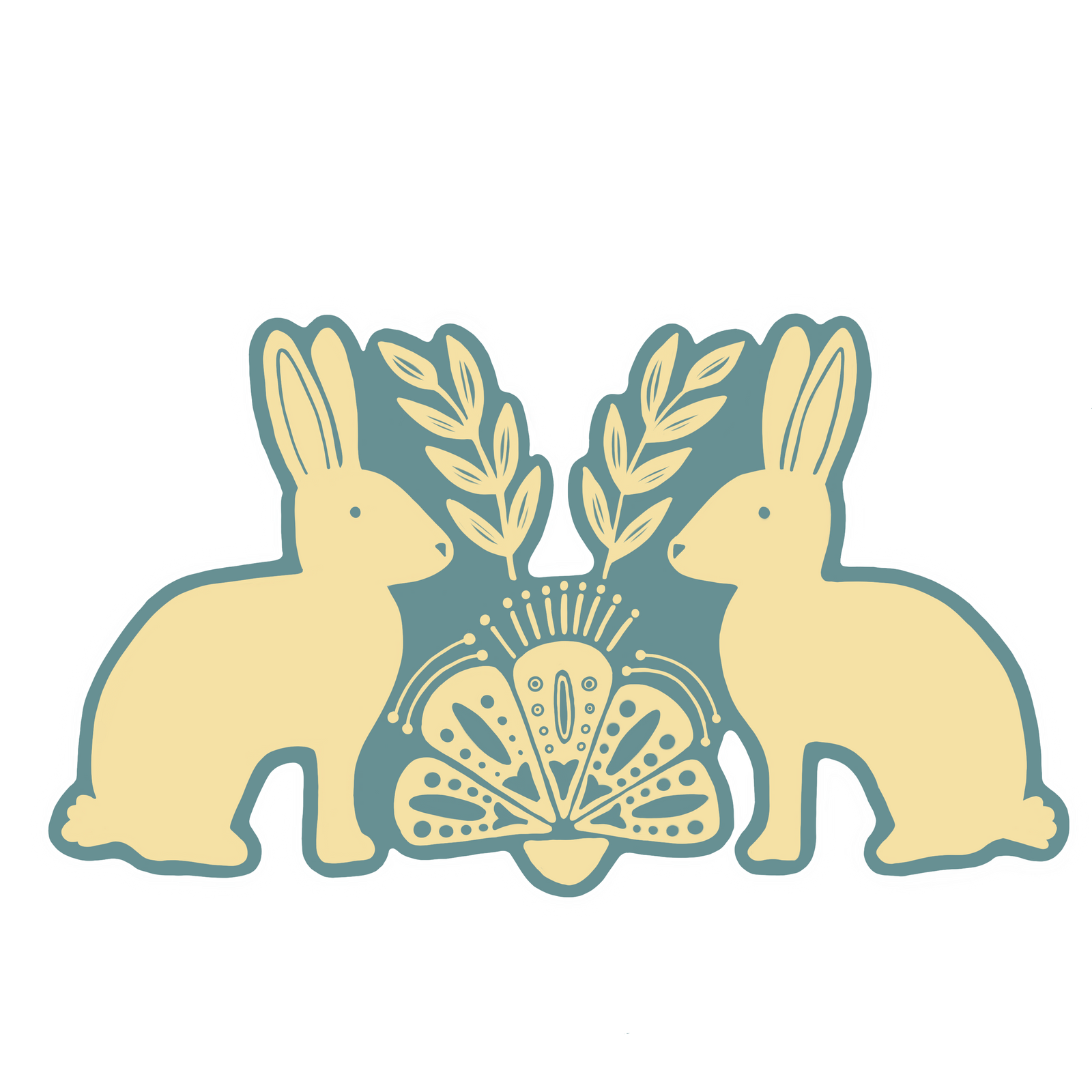 A folk art style sticker with two rabbits looking at each other. There is foliage and a folk are design between them. The rabbits are cream colored and the background is blue. 