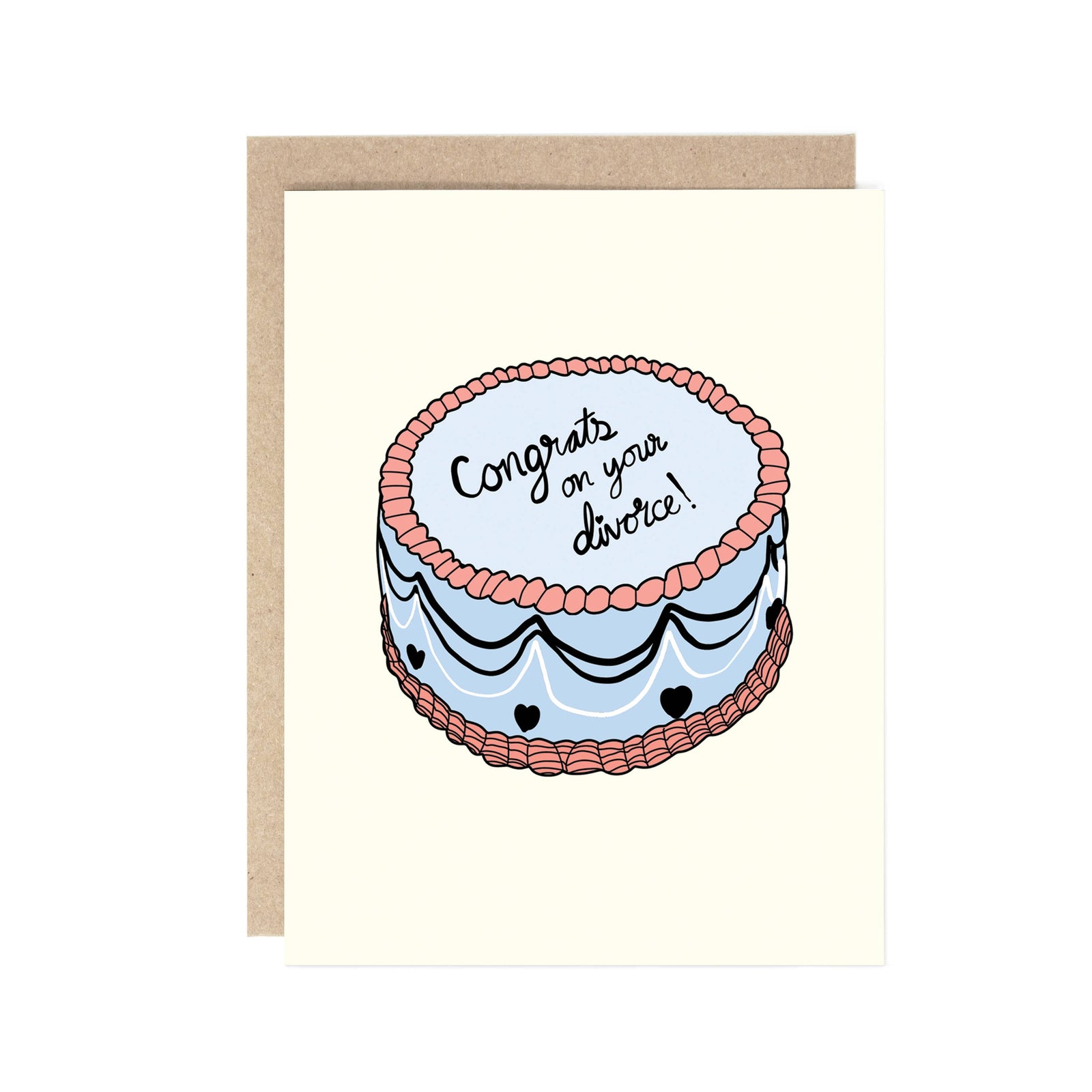 Card with a cake illustration and text 'Congrats on your divorce!' on a white background