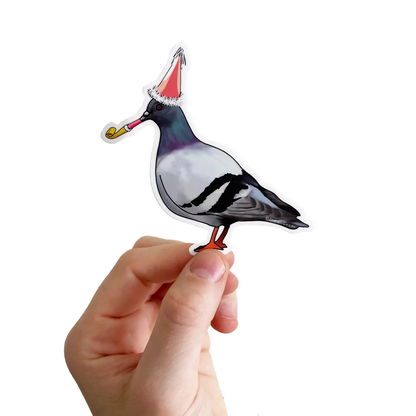 A sticker of a pigeon wearing a party hat and blowing a noisemaker.
