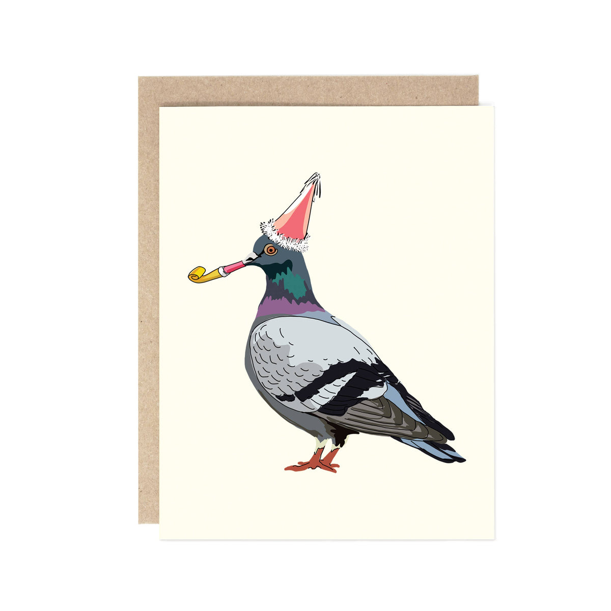 Card with a pigeon wearing a party hat and blowing a party horn on a white background.