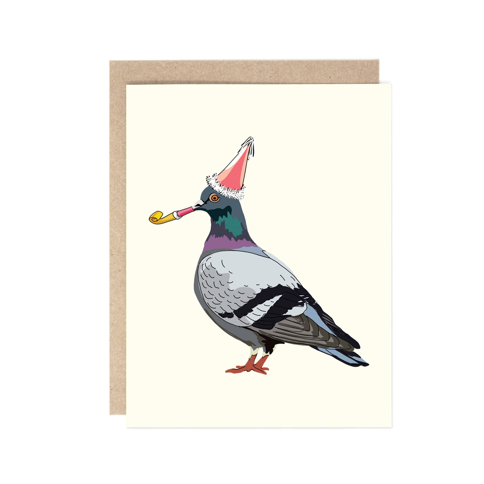 Card with a pigeon wearing a party hat and blowing a party horn on a white background.