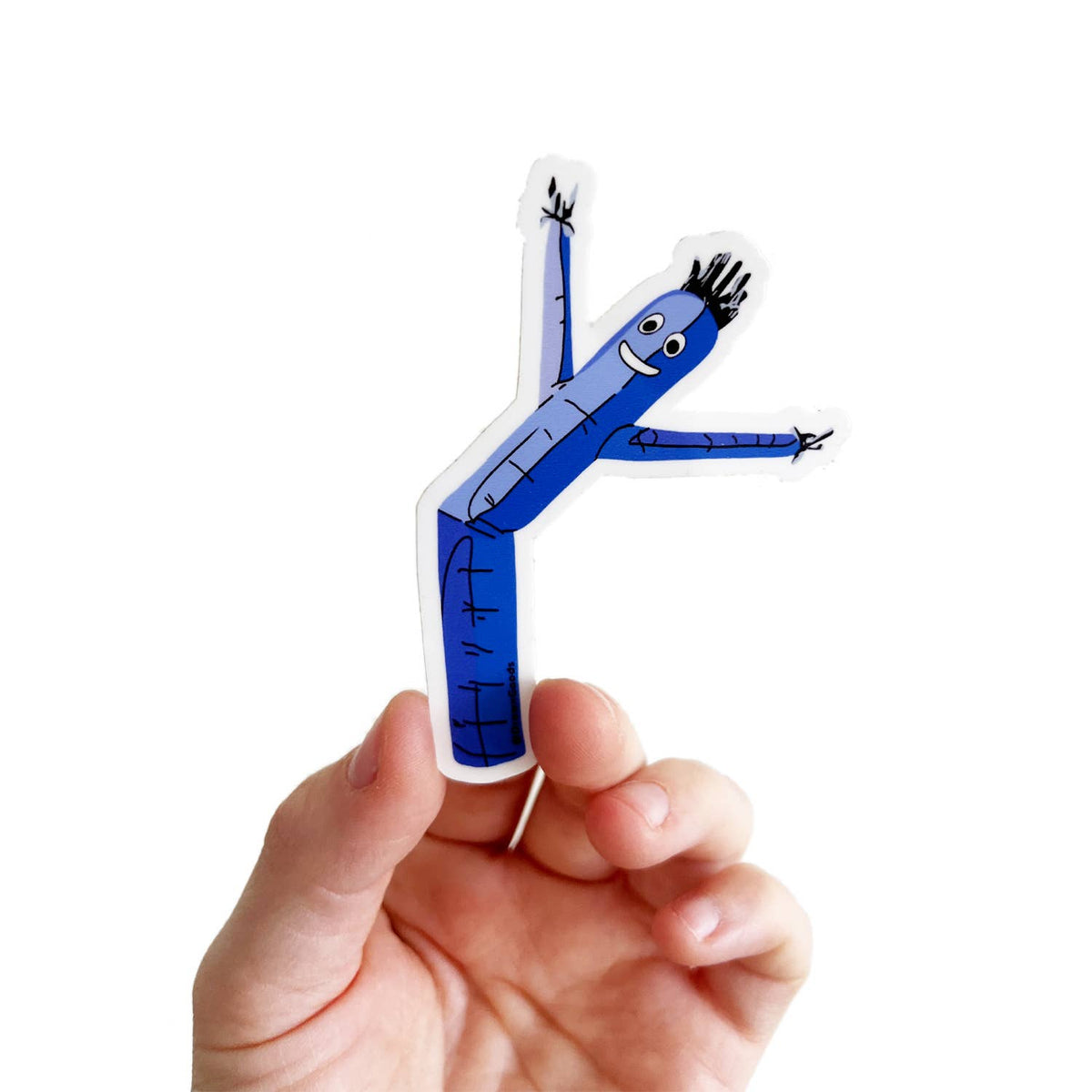 Sticker depicting a cartoon drawing of a blue air dancer. 