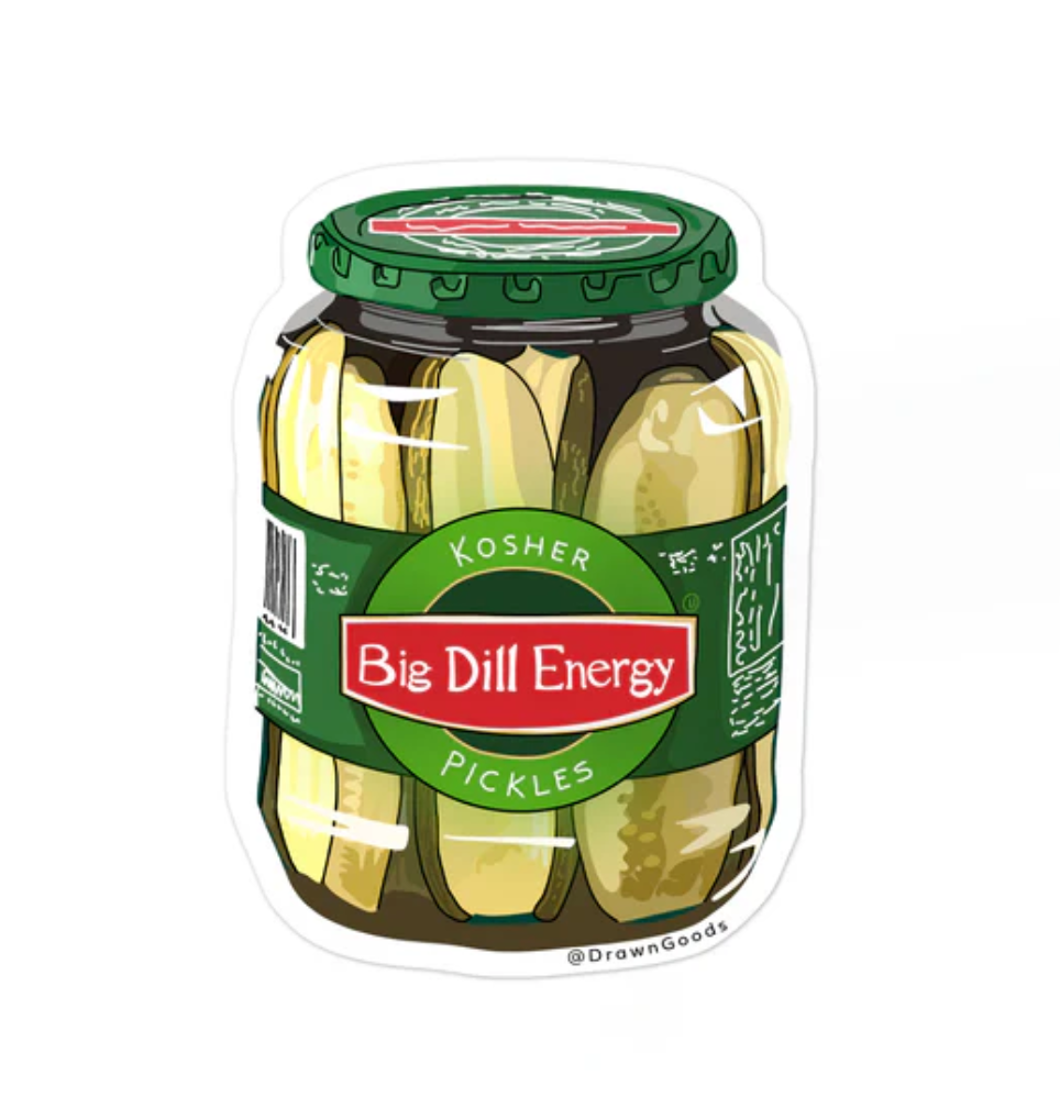 A sticker of a jar of pickles. The label says "Big Dill Energy"