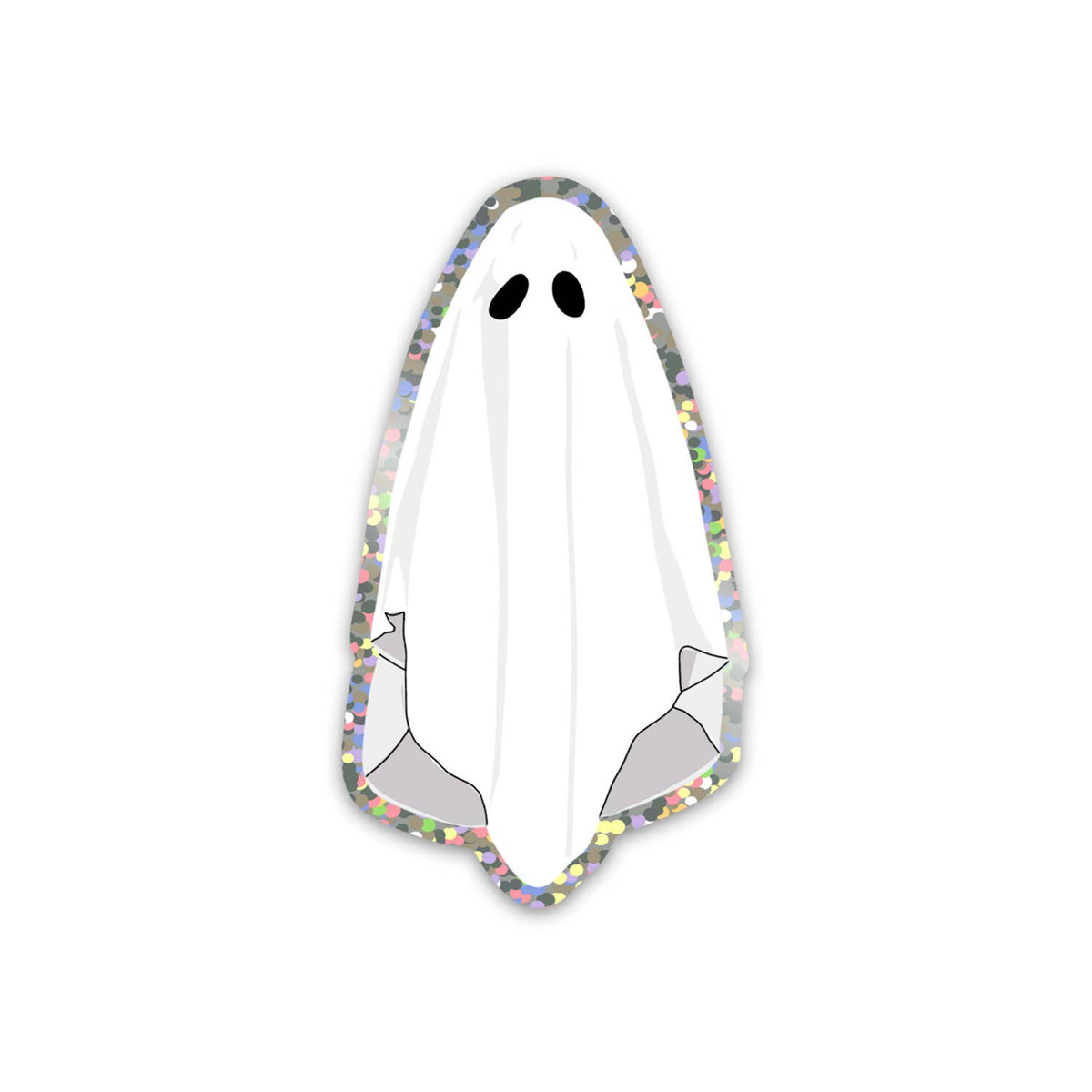 A glittery sticker depicting a bedsheet ghost. 