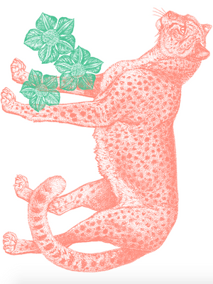 Illustration of a cheetah with green leaves on a white background