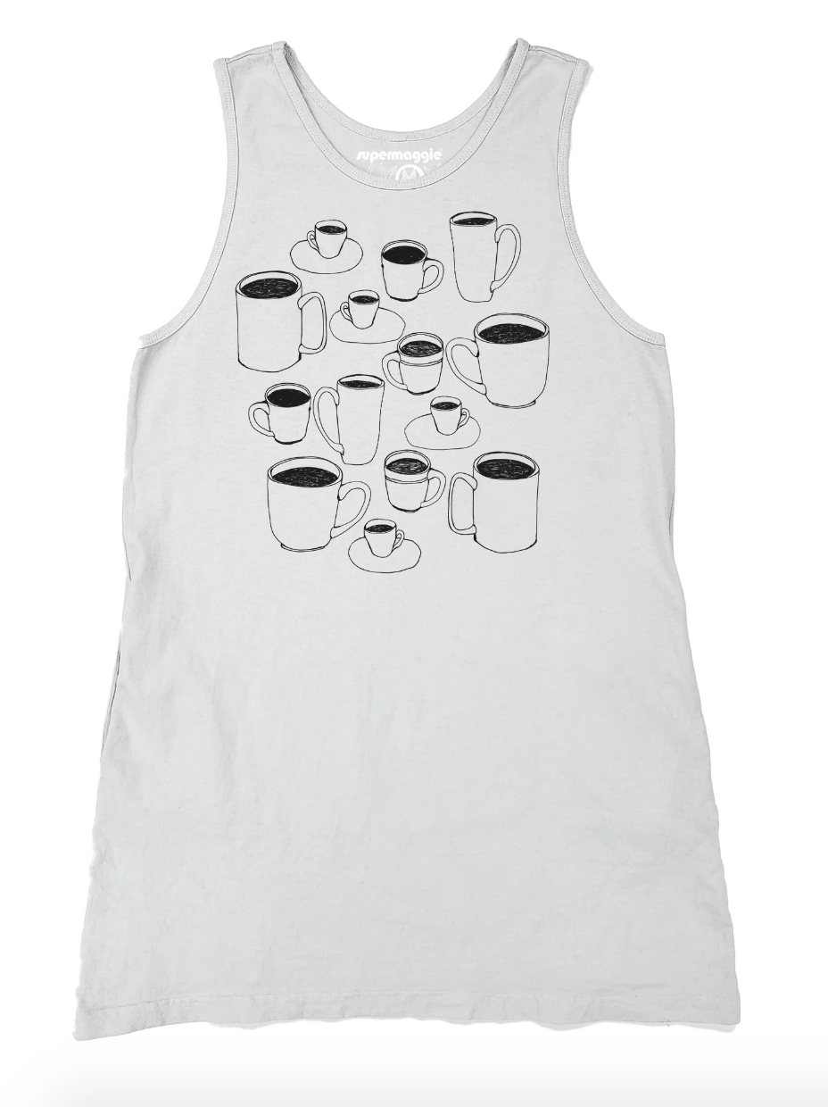 White tank dress with black coffee cup graphics on a white background. 