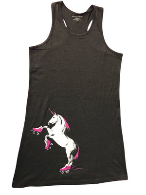 Black tank dress with a unicorn graphic on a white background
