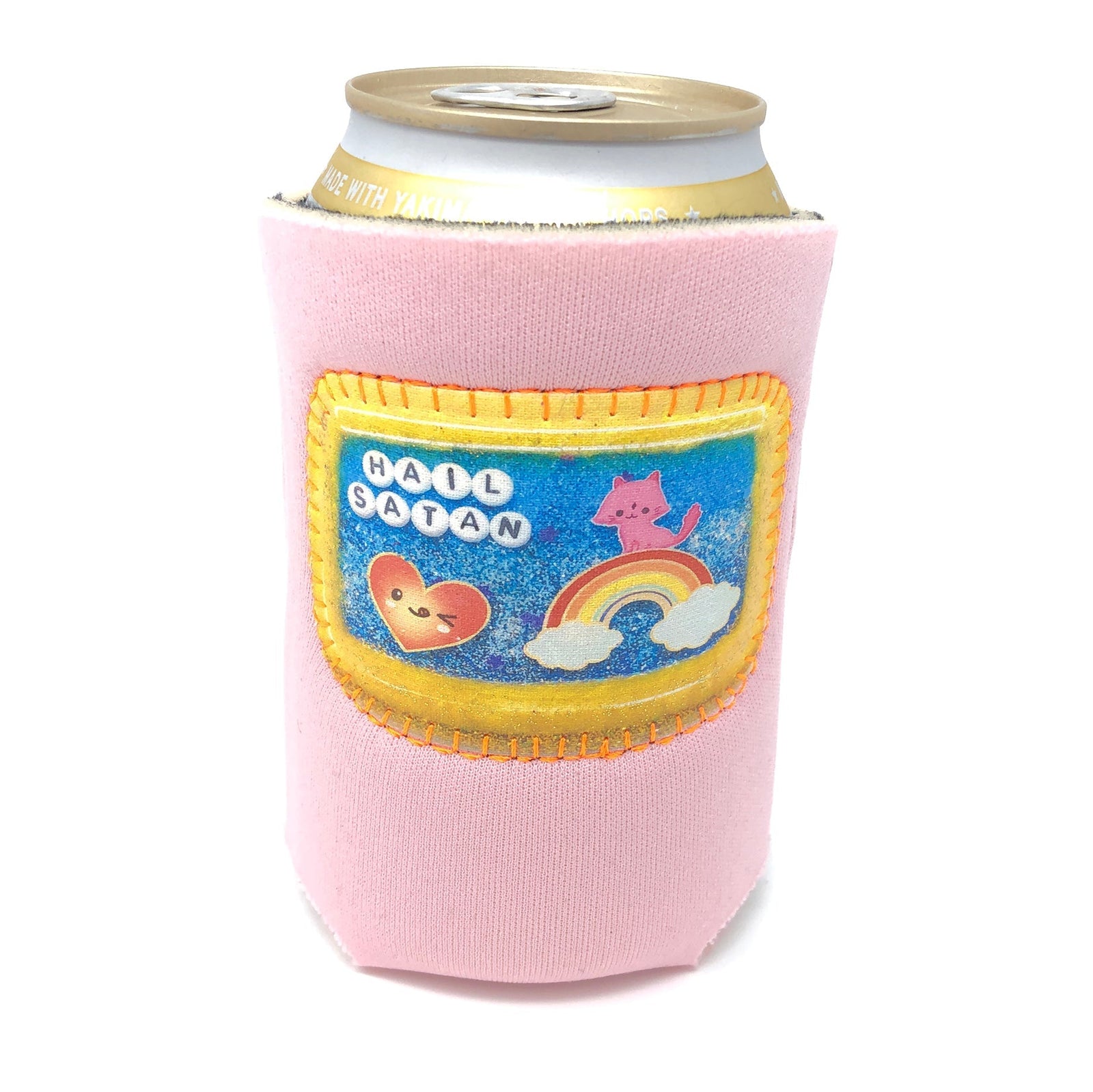 Pink can cooler with colorful design and 'Half Satan' text on a white background