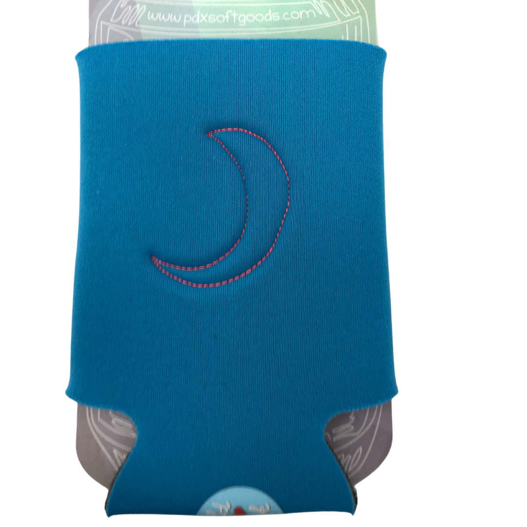 A bright blue neoprene bottle can cooler with a pink embroidered crescent moon design on the front, shown on a white background.