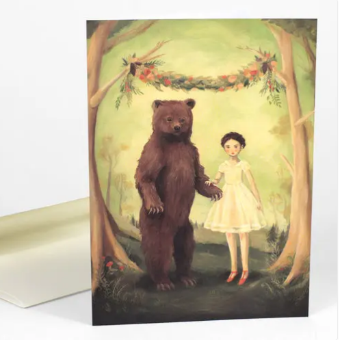 Illustration of a bear and a girl in a forest setting with a floral arch.