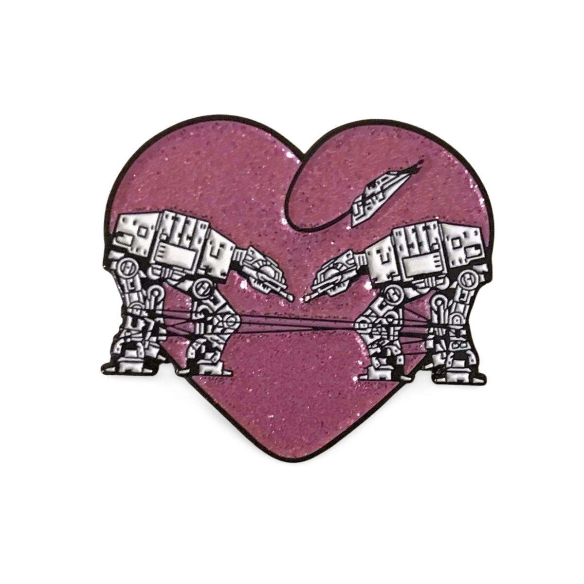 Heart shaped enamel pin called Love AT-AT First Sight with a pink glitter background. 