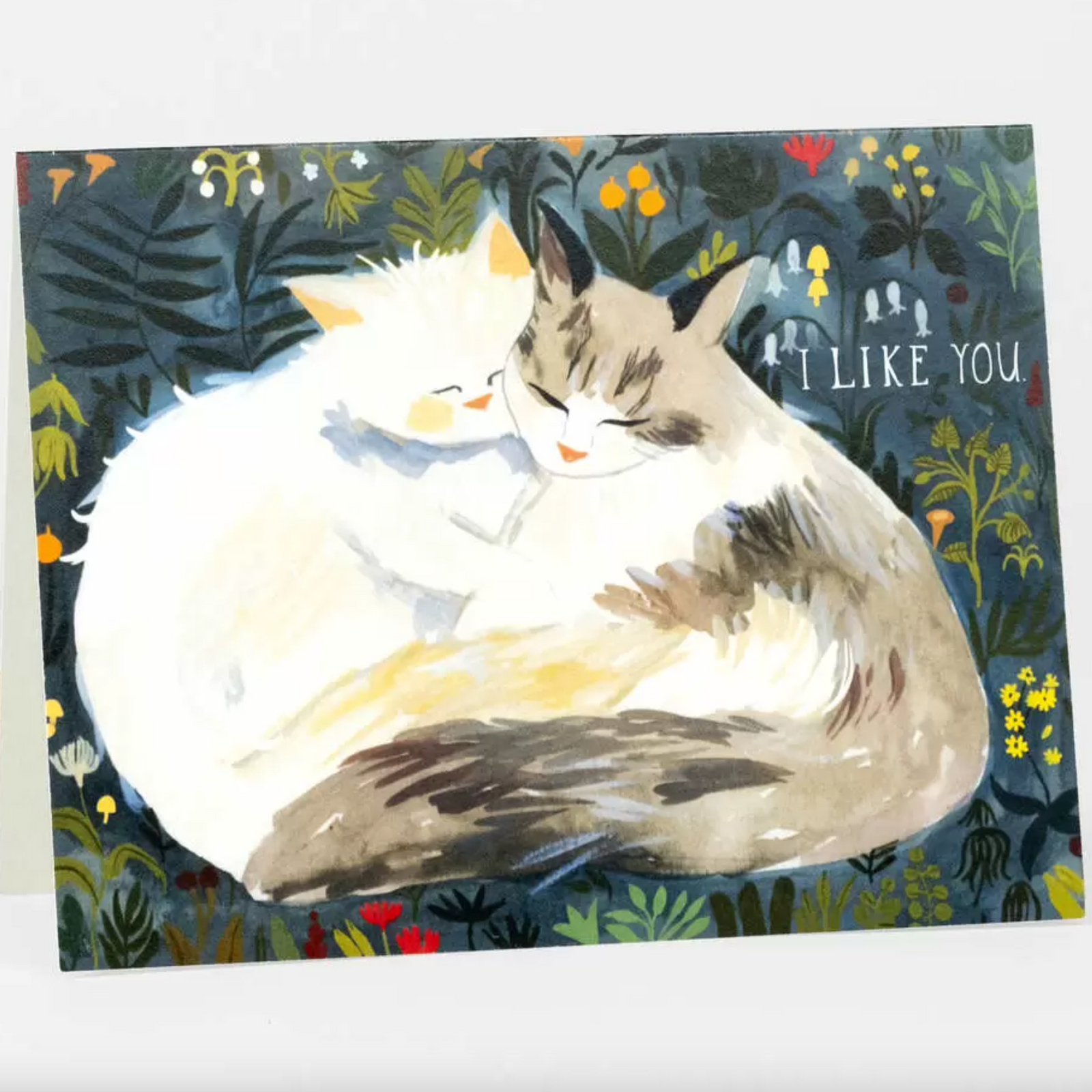 Greeting card with two cats embracing and 'I LIKE YOU' text on a floral background