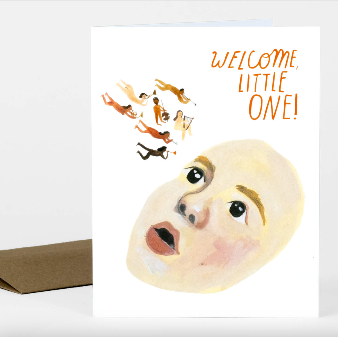 Card with a big baby face and seven angel figures and text that reads "Welcome, little one!"