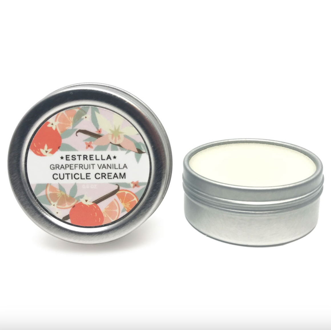 Estrella Grapefruit Vanilla Cuticle Cream in a metal tin with a decorative label on a white background