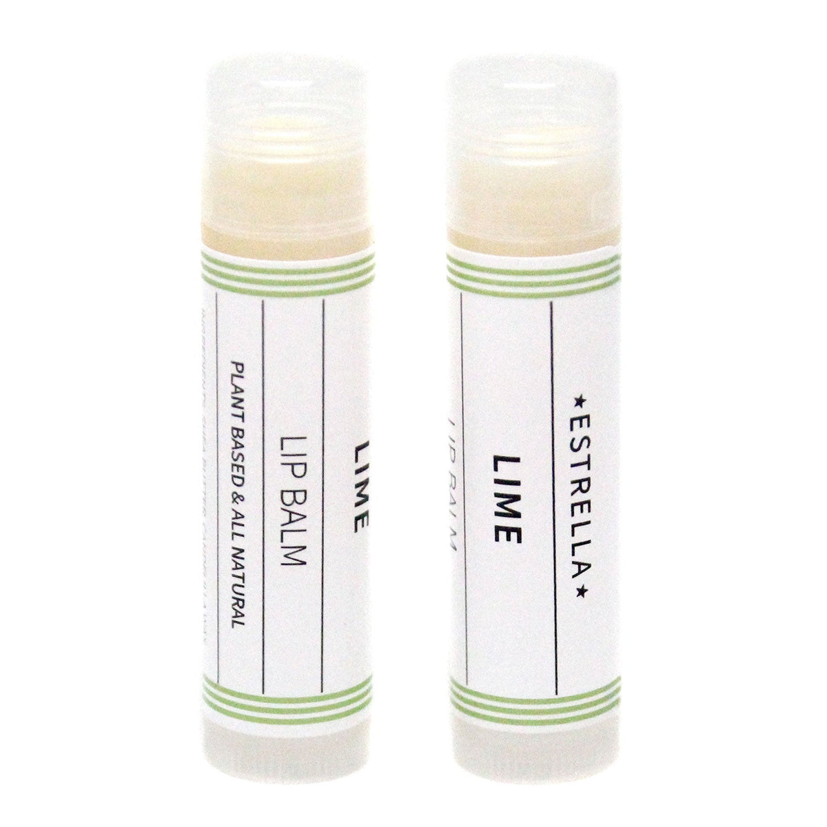 Two tubes of lip balms with white labels that have green stripes and text that says "Estrella - Lime - Lip Balm - Plant Based & All Natural" against a white background