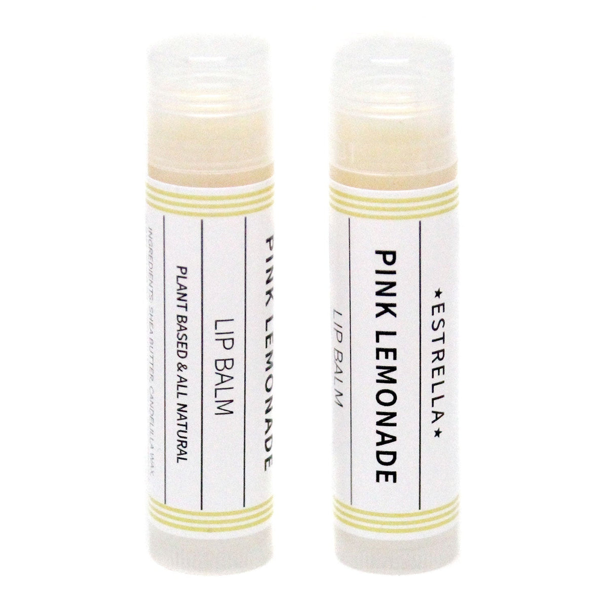 Two tubes of lip balm with white labels that have yellow stripes and text that says "Estrella - Pink Lemonade - Lip Balm - Plant Based & All Natural" against a white background