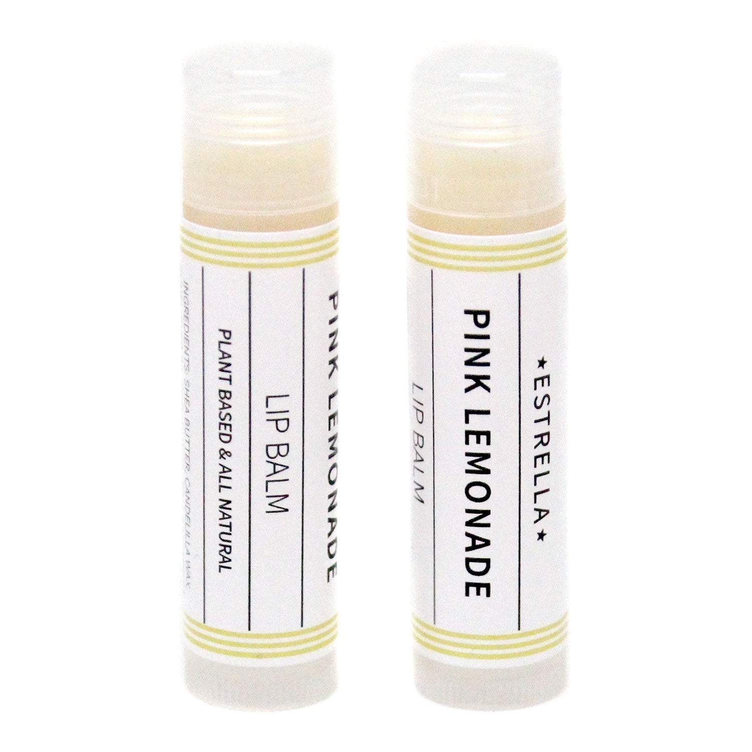 Two tubes of lip balm with white labels that have yellow stripes and text that says "Estrella - Pink Lemonade - Lip Balm - Plant Based & All Natural" against a white background