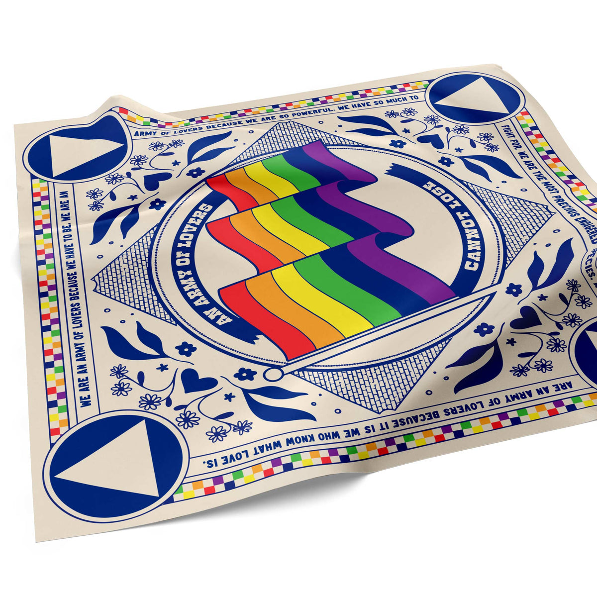 Colorful bandana with a rainbow flag, triangles, and a rainbow checkerboard pattern that says "an army of lovers cannot lose" against a white background.