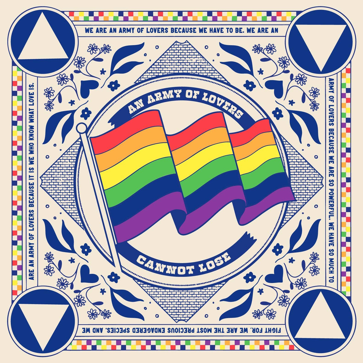 Design with rainbow flags, geometric shapes, and text on a decorative background