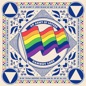 Design with rainbow flags, geometric shapes, and text on a decorative background