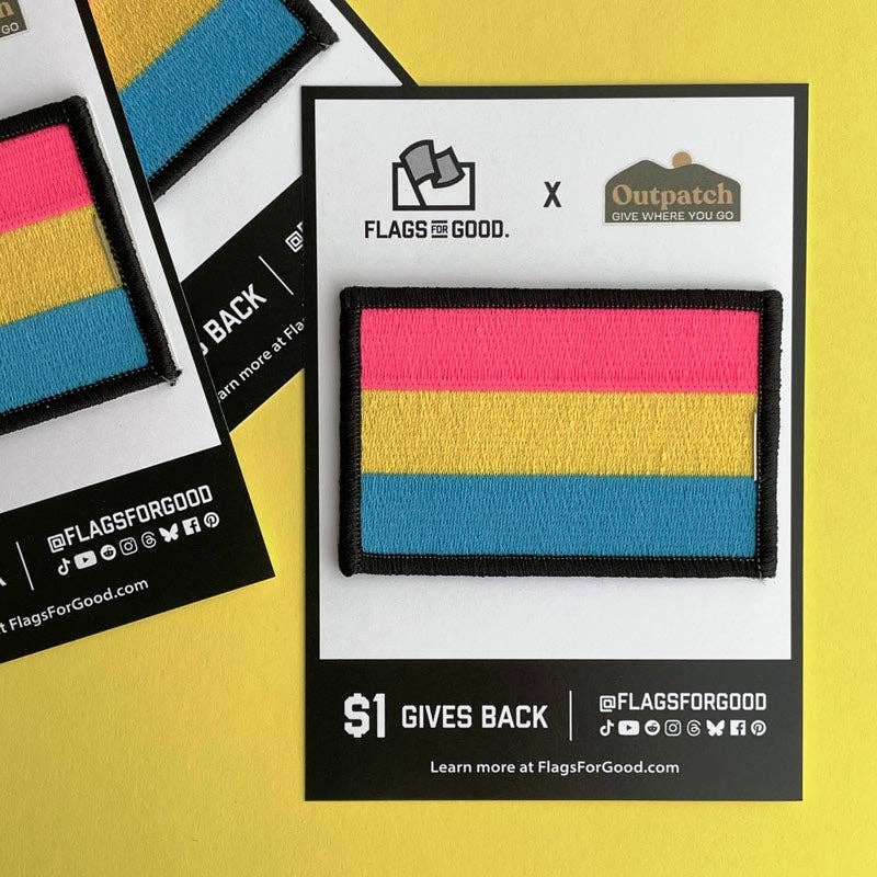 Pansexual flag patch on display with 'Flags for Good' branding