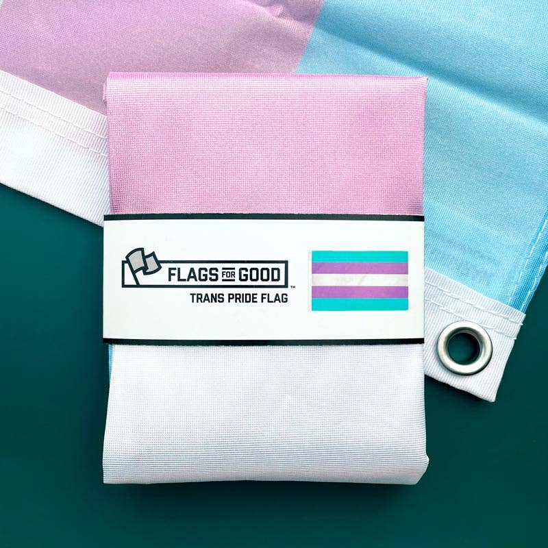 Trans Pride flag with 'Flags for Good' branding on a teal background