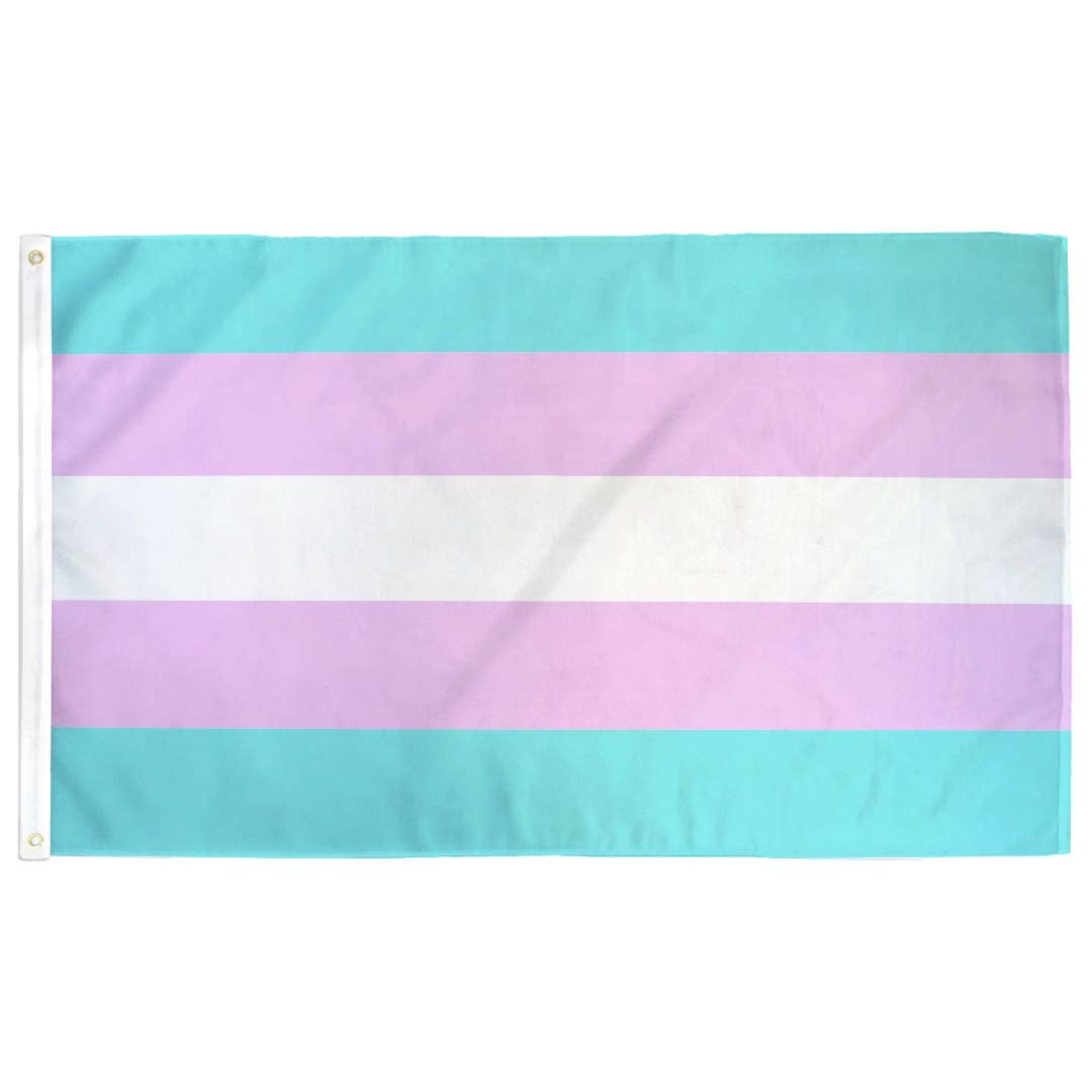 Transgender pride flag with three horizontal stripes of blue, pink, and white on a white background.