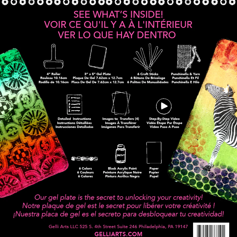 Back cover of a Gelli Arts acrylic gel plate kit, featuring a black background with product contents, dimensions, and instructions in French and English, alongside colorful sample gel plates showing various patterns.