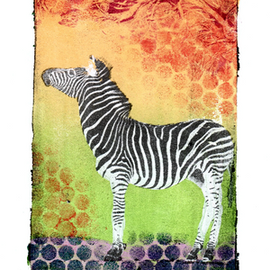 A gelli print image transfer example of a zebra against a red, yellow, and green background.