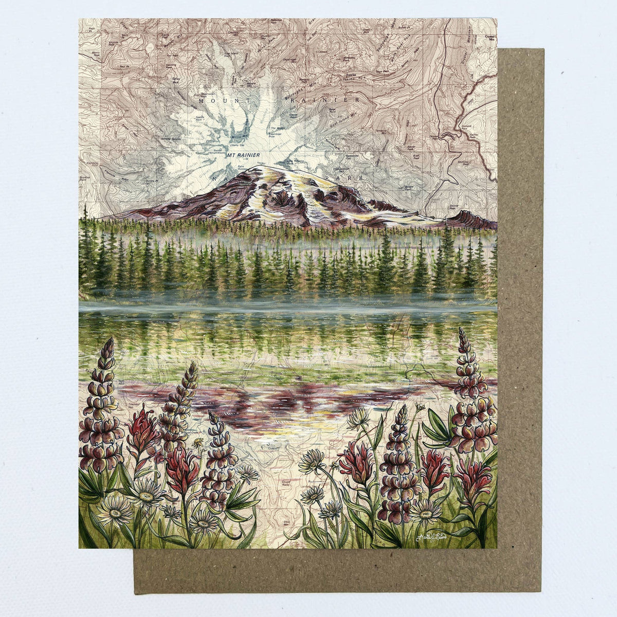 Greeting card with a scenic illustration of a mountain and lake, featuring flowers and a vintage map background.