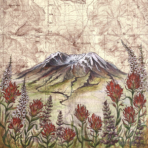Map with a mountain illustration and wildflowers on a vintage map background. 