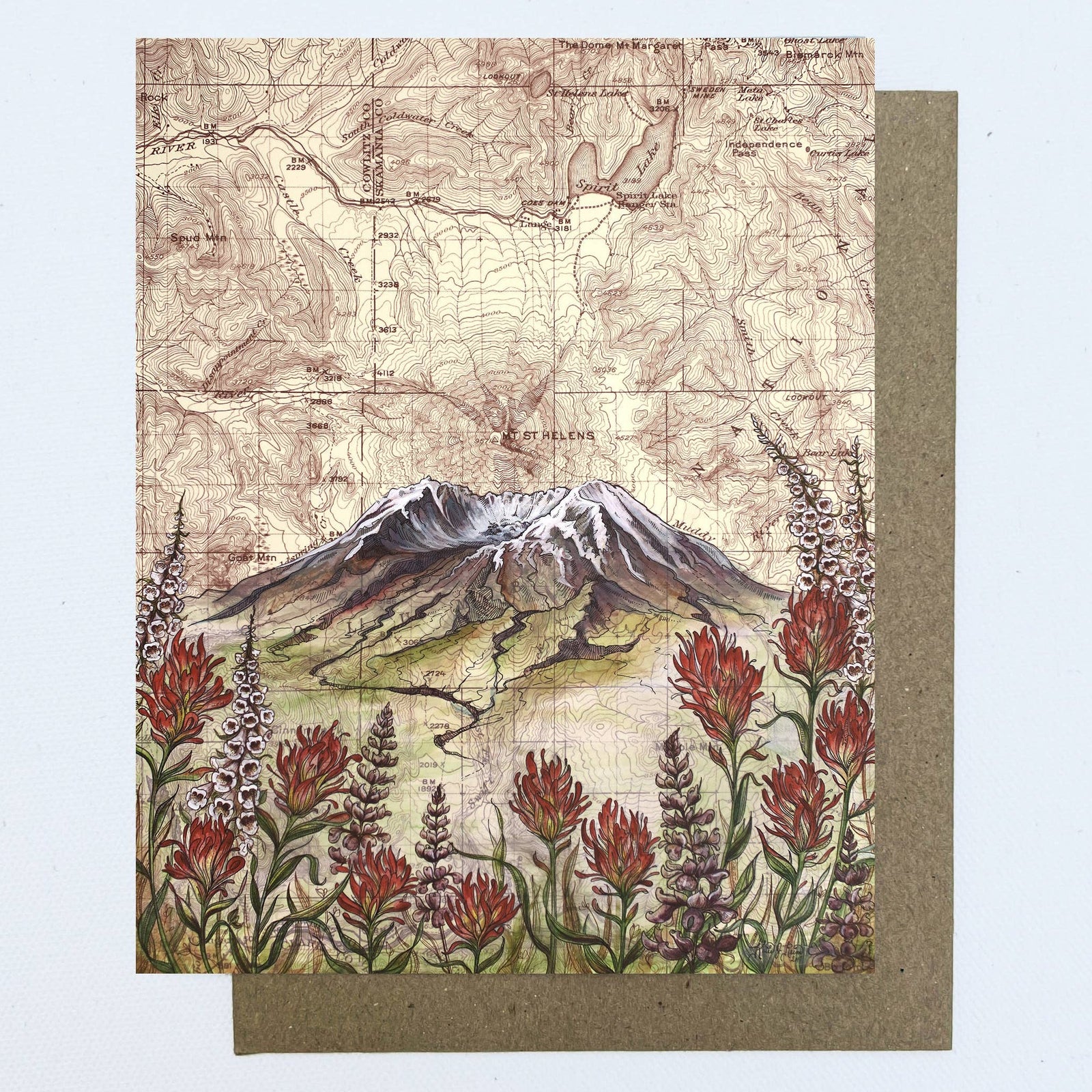 Greeting card with mountain and floral design on a vintage map background. 