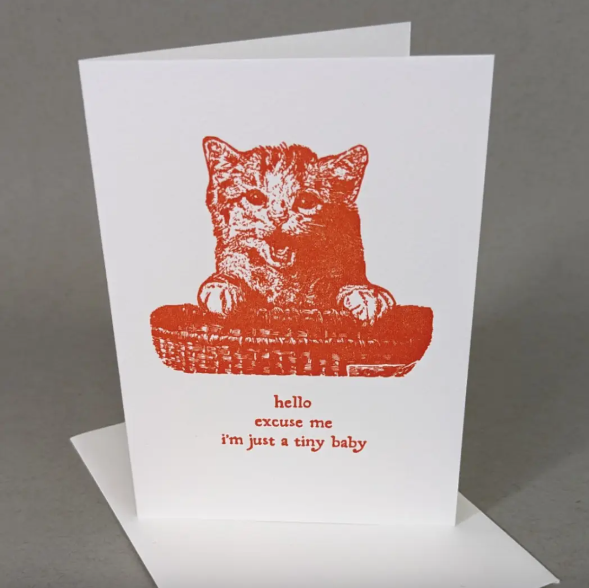 Letterpressed greeting card with red cat illustration and text that says "hello. excuse me. i'm just a tiny baby." on a white background. 