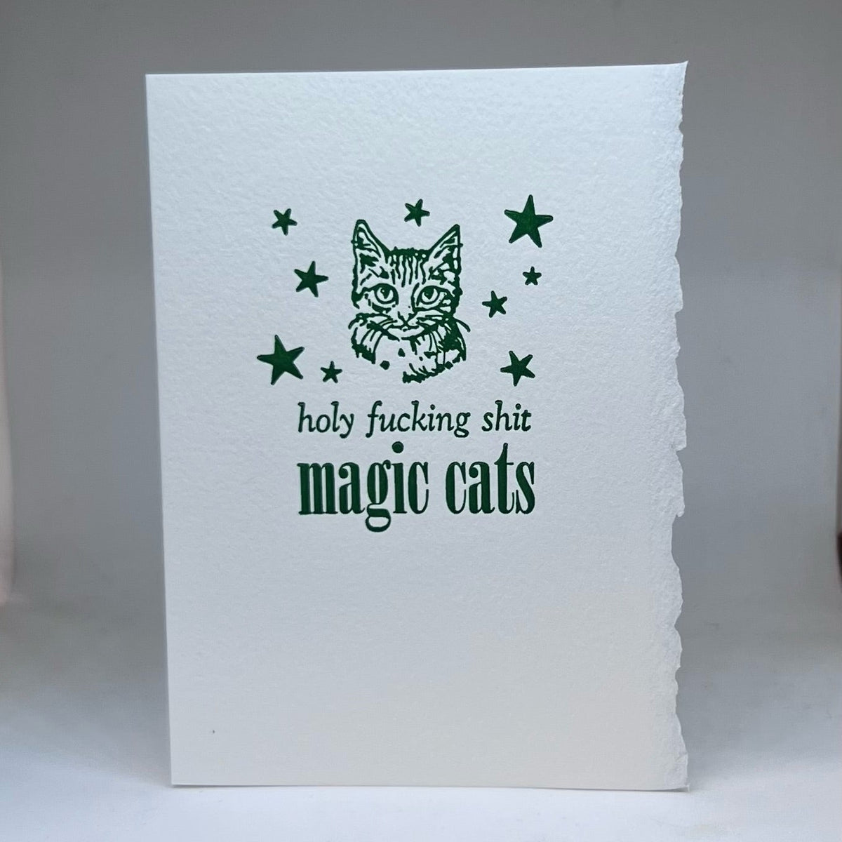 Letterpress greeting card with a cat illustration and text that says "holy fucking shit magic cats" on a white background. 