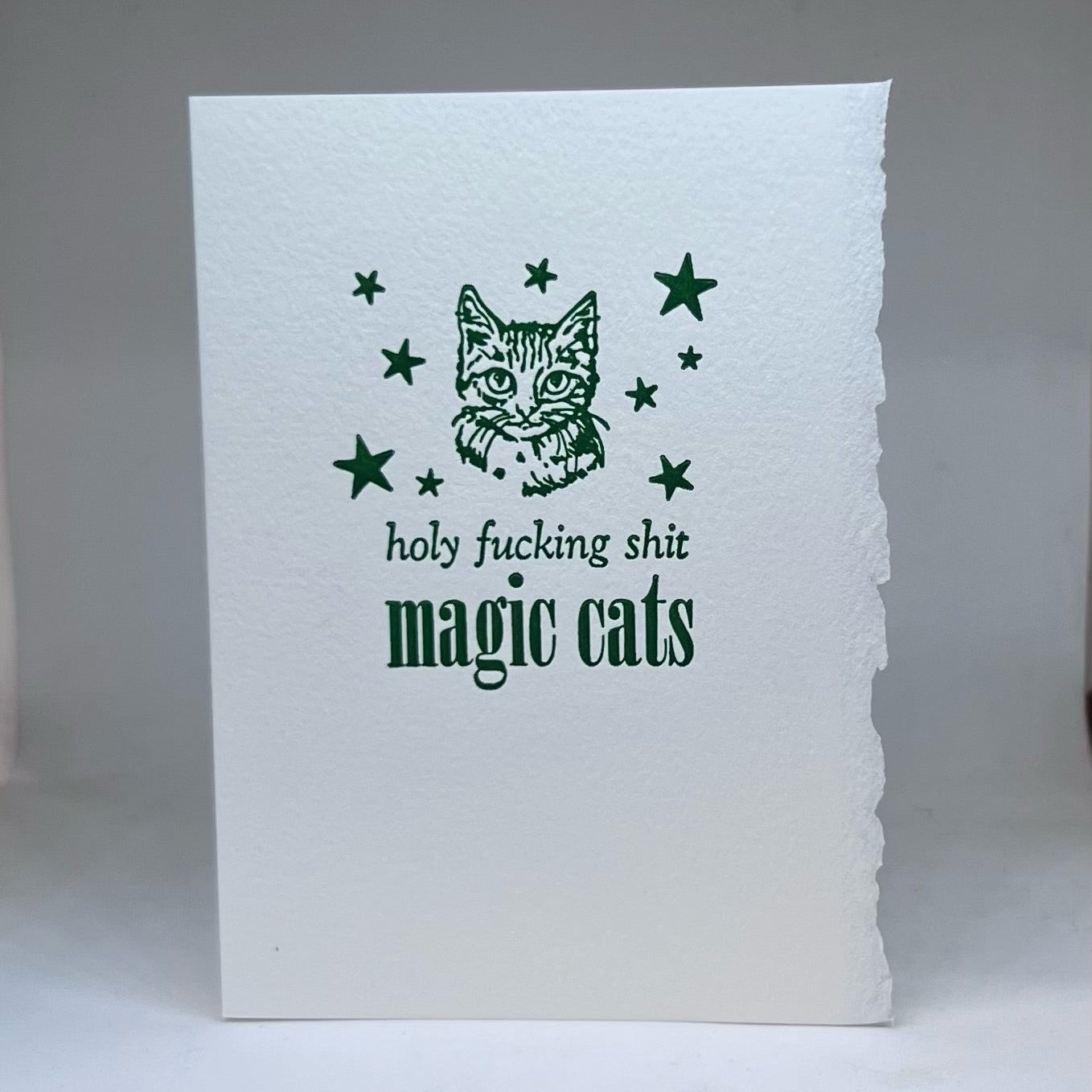 Letterpress greeting card with a cat illustration and text that says "holy fucking shit magic cats" on a white background. 