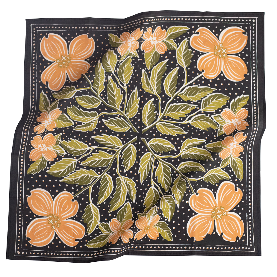 Gray bandana with peach colored flowers and green leaves.