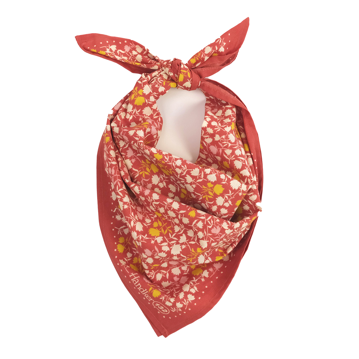 Red patterned bandana tied into a scarf. 
