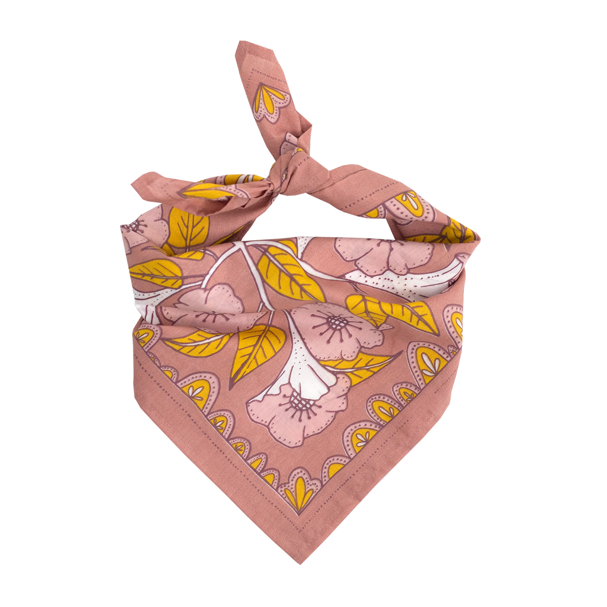 Pink floral bandana tied into a scarf. 