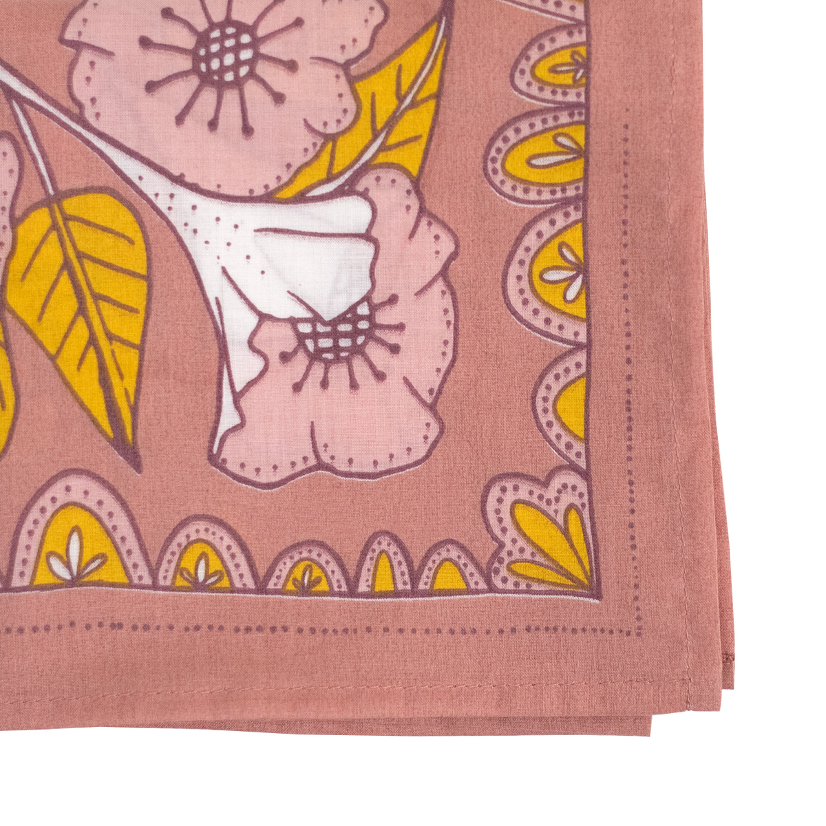 Detail of a corner of a pink bandana with a floral pattern. 
