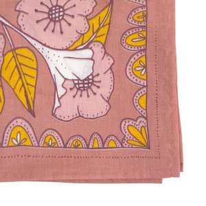 Detail of a corner of a pink bandana with a floral pattern. 
