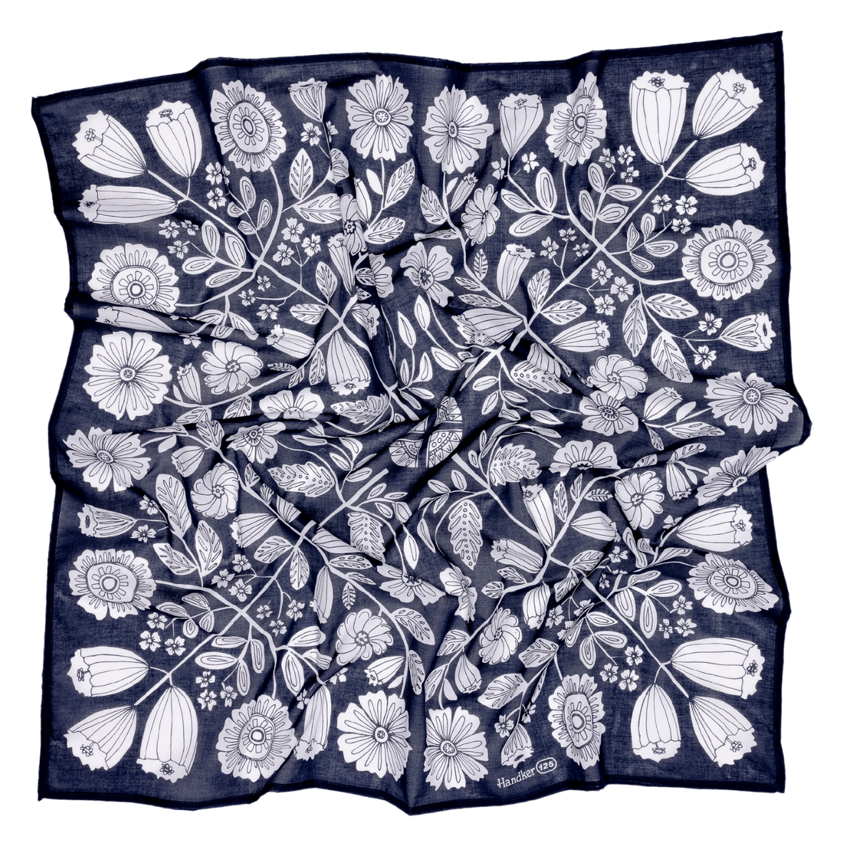 Dark blue bandana with a white floral pattern. 